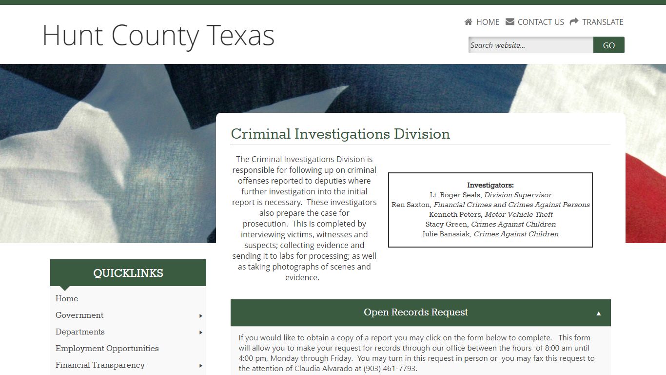 Welcome to Hunt County, Texas | Criminal Investigations Division